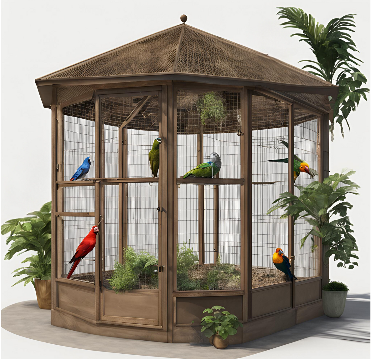 A bird cage with many birds inside of it