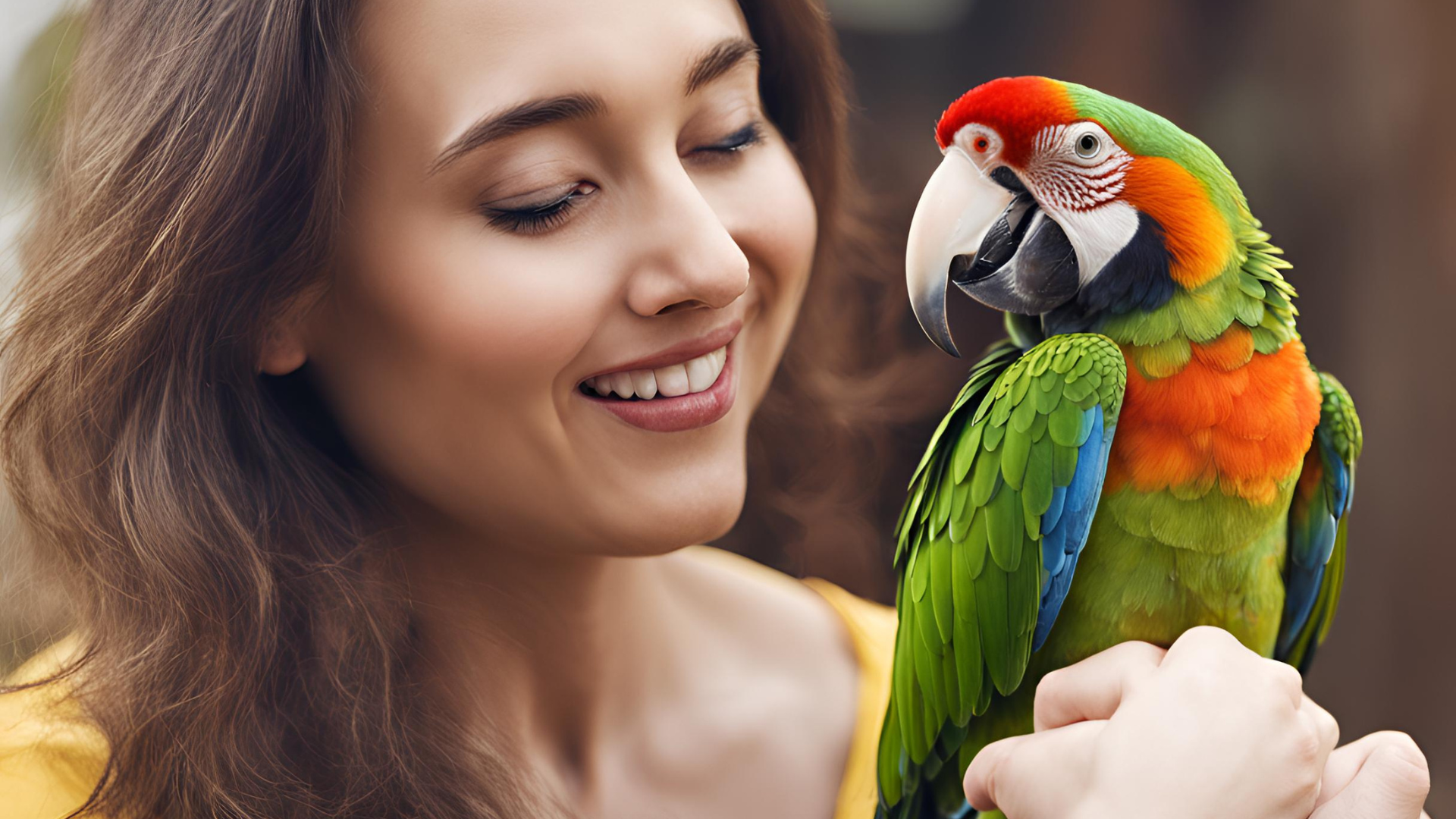 A woman is holding a colorful parrot in her hands.