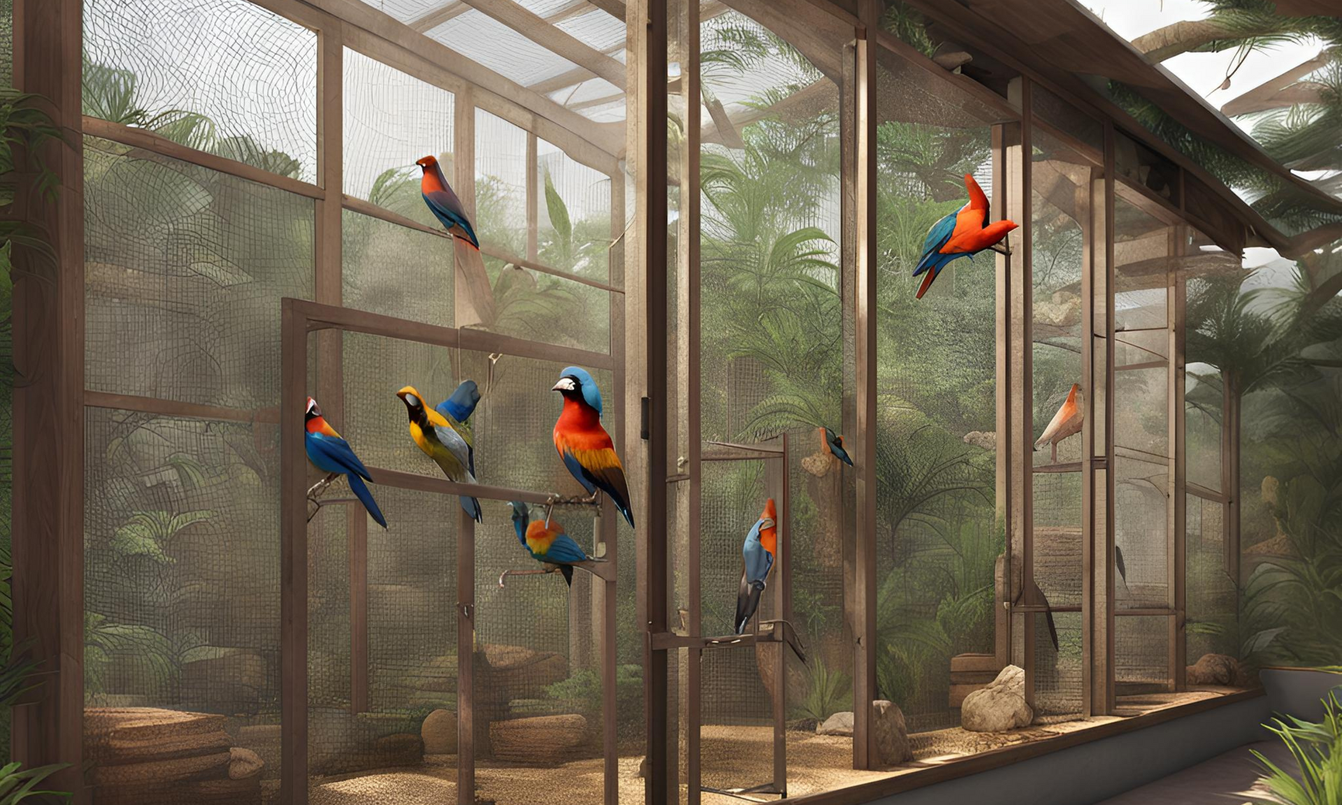 A group of colorful birds are sitting in a cage.