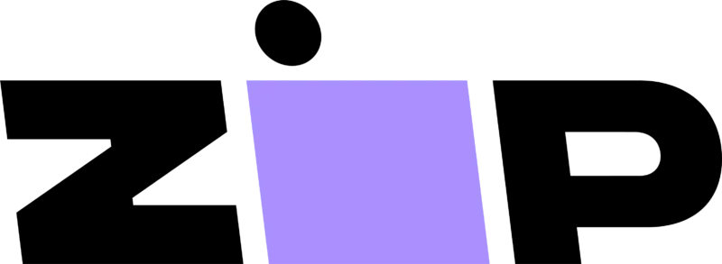 A black and purple logo for zip on a white background.