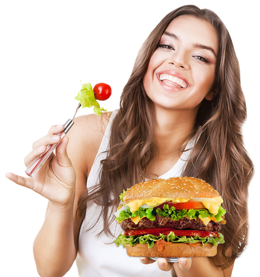 Woman holding fork and burger