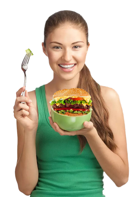 Woman holding fork and burger