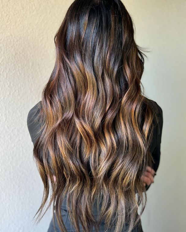 Long, wavy, dark brown hair with warm caramel-toned balayage highlights, viewed from behind.