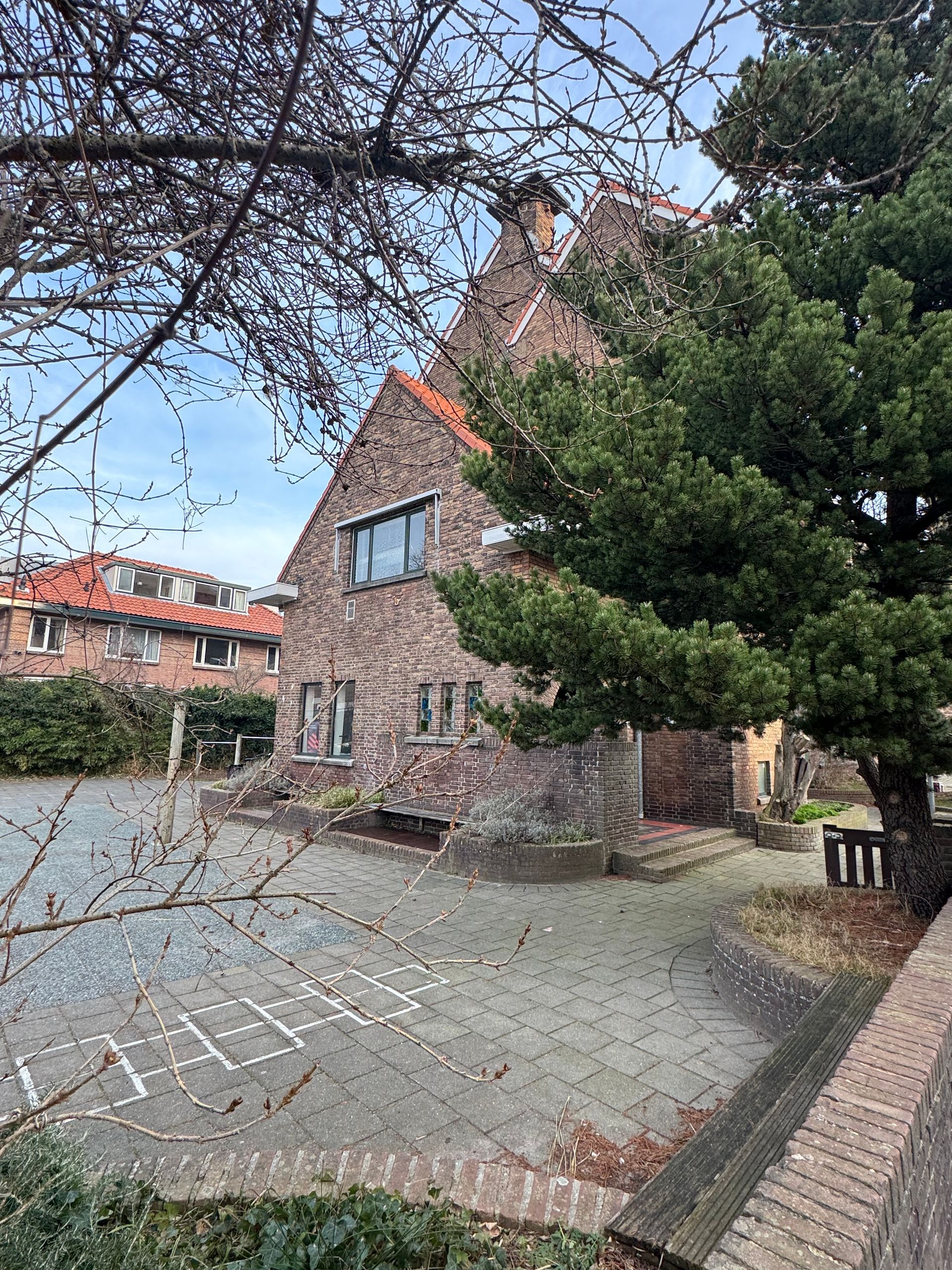 karakteristiek schoolgebouw met dennenboom, locatie van Herborista