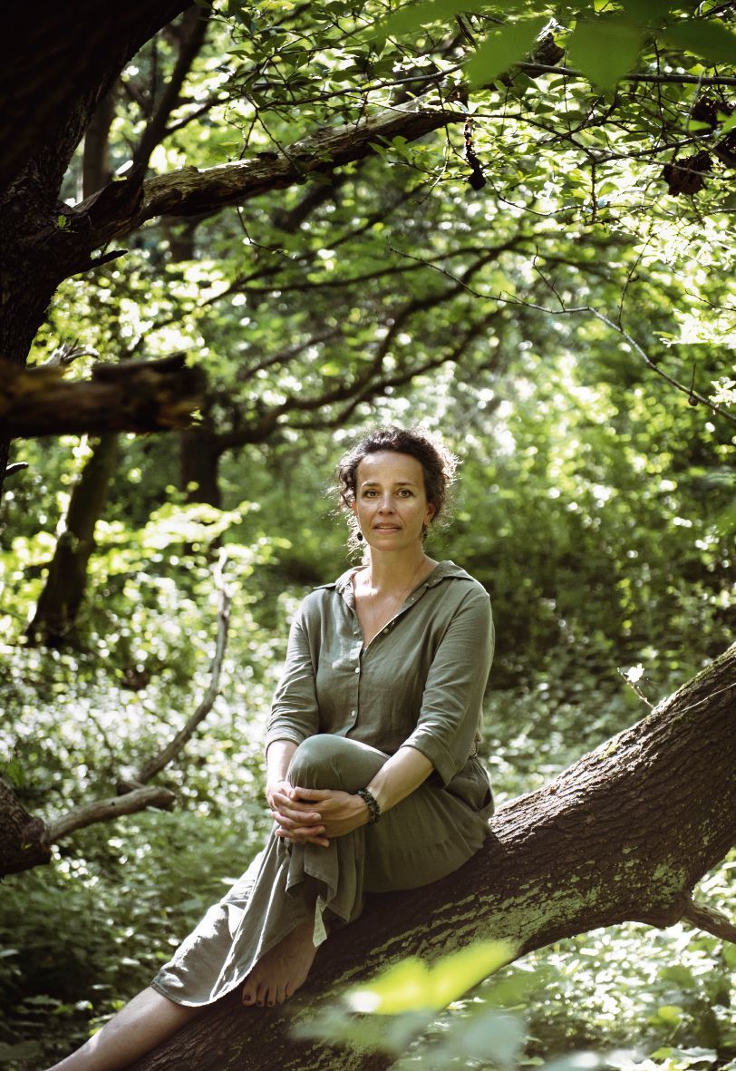 persoon zit op boomtak in groene omgeving