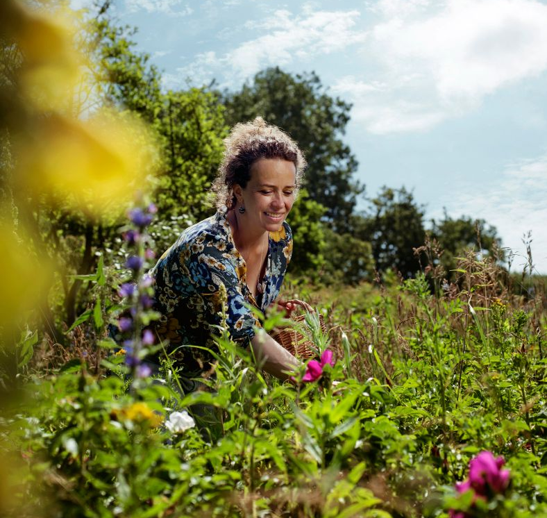 persoon in veld met bloemen