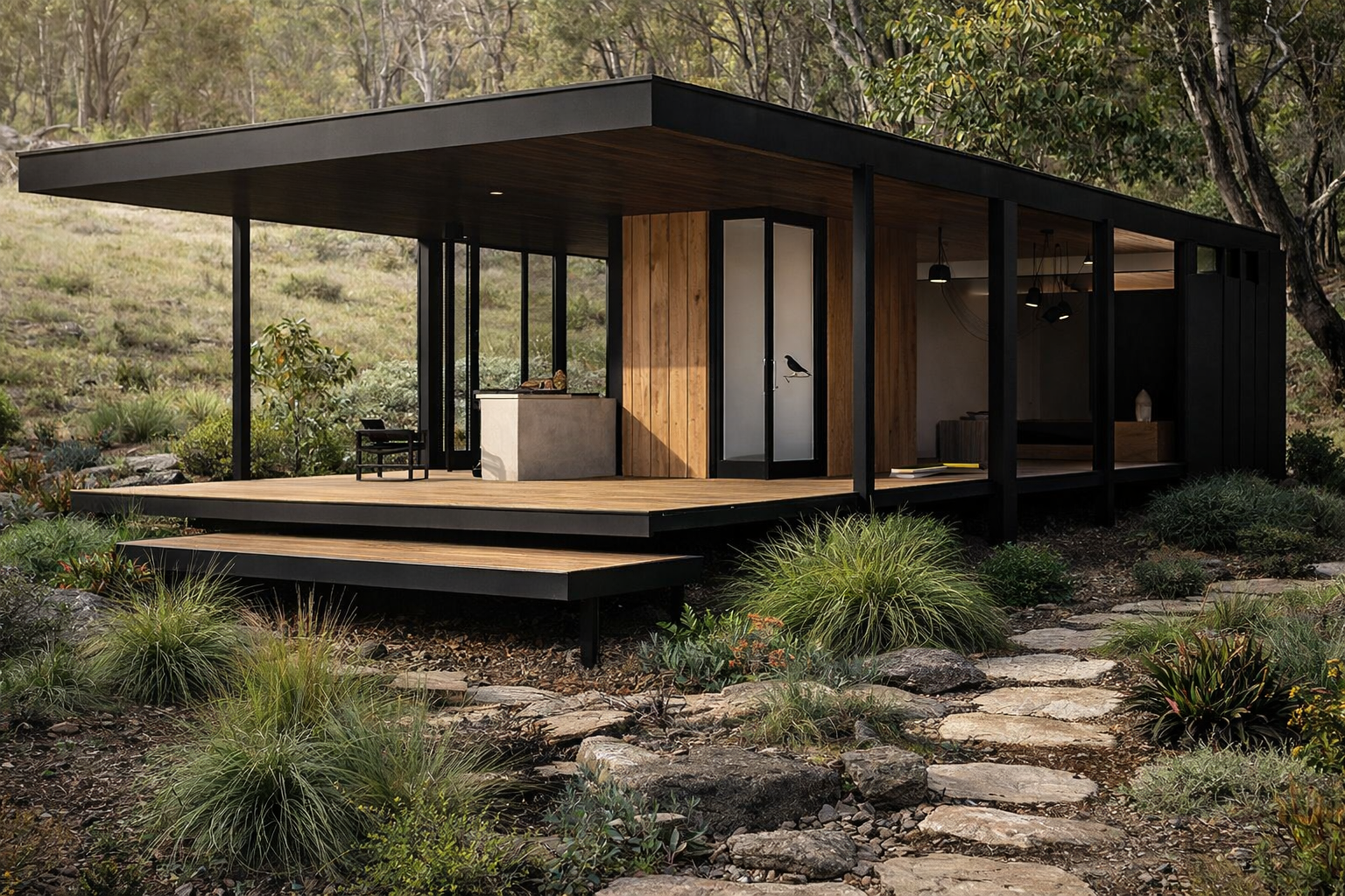 Modern office space with a desk, laptop, chairs, and round table.