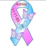 A pink and blue ribbon with two butterflies on it.
