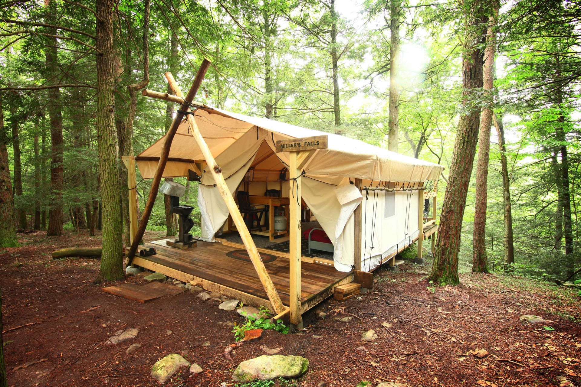 A tent is sitting in the middle of a forest.