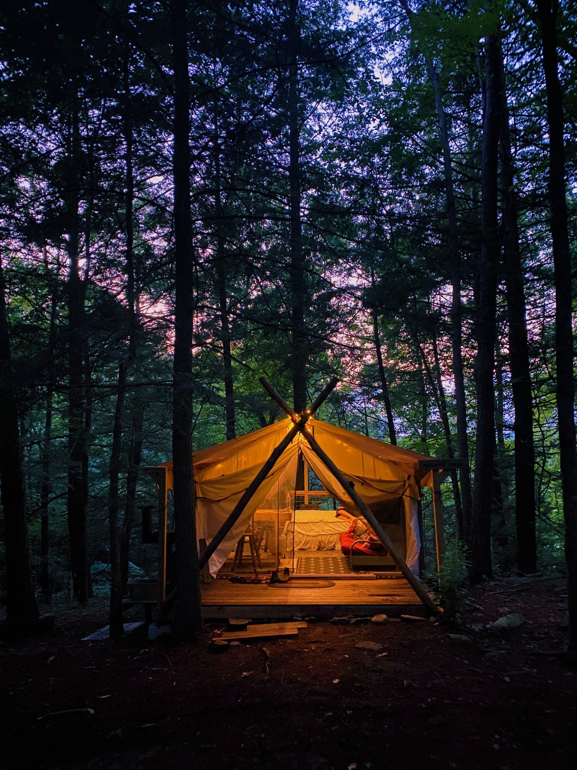 A tent is lit up in the middle of a forest at night.