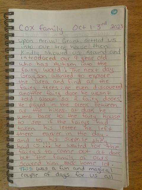 A notebook is open to a page that says cox family on it.