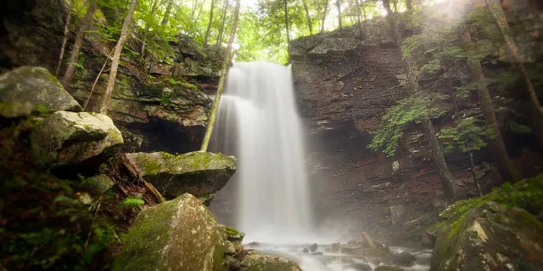 A waterfall in the middle of a forest surrounded by rocks and trees.