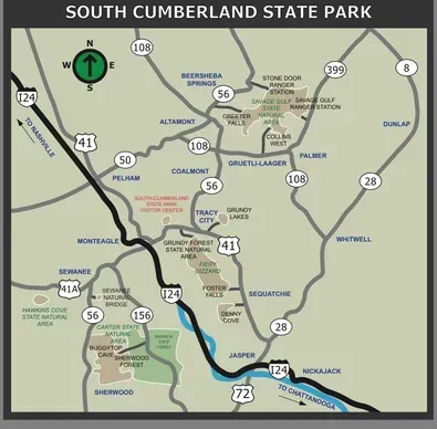 A map showing the location of south cumberland state park