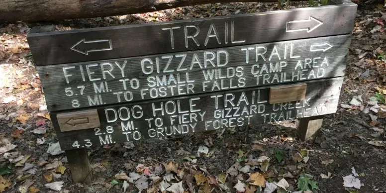 A sign for the fiery gizzard trail and the dog hole trail