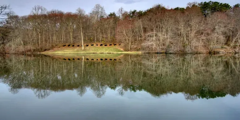 A lake surrounded by trees with a reflection of the trees in the water.