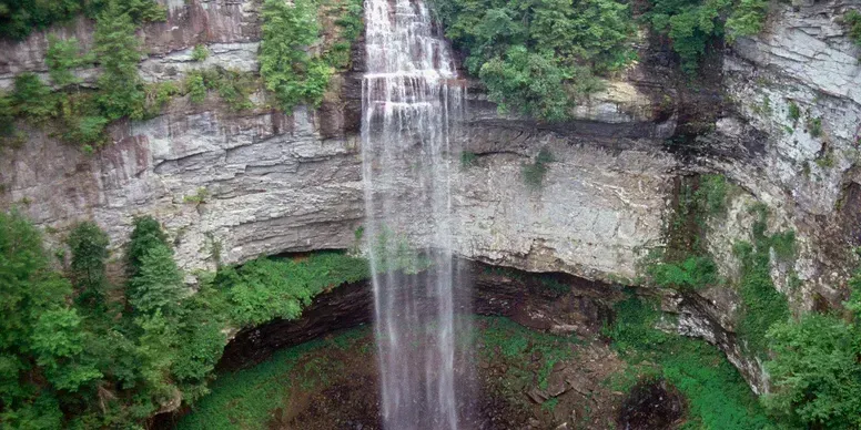 A waterfall is surrounded by trees and rocks in the middle of a forest.