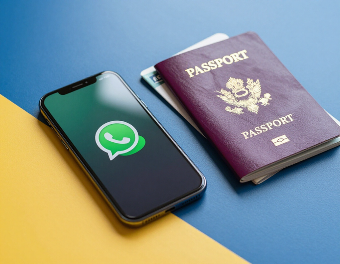 Un teléfono inteligente que muestra el ícono de WhatsApp junto a un pasaporte estadounidense de color granate