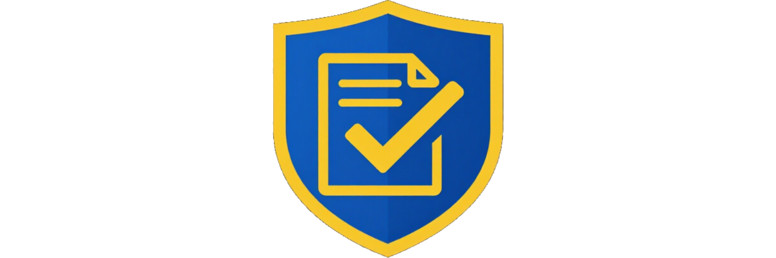 Un icono de escudo azul con un símbolo de documento amarillo