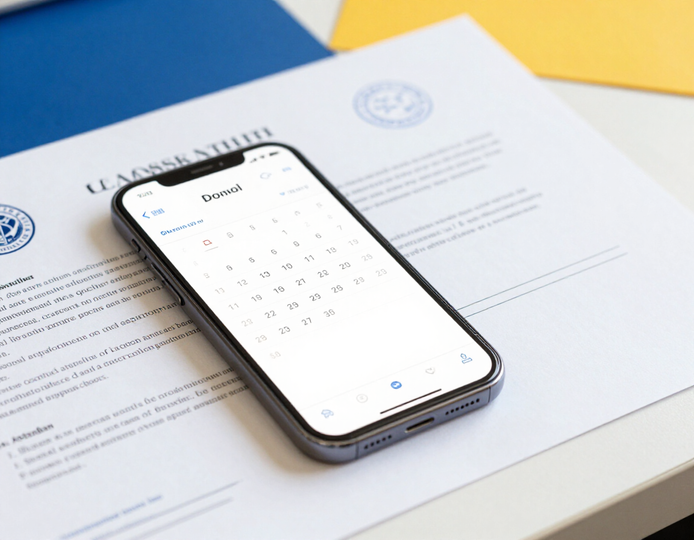Un teléfono inteligente con una aplicación de calendario abierta descansa sobre un documento