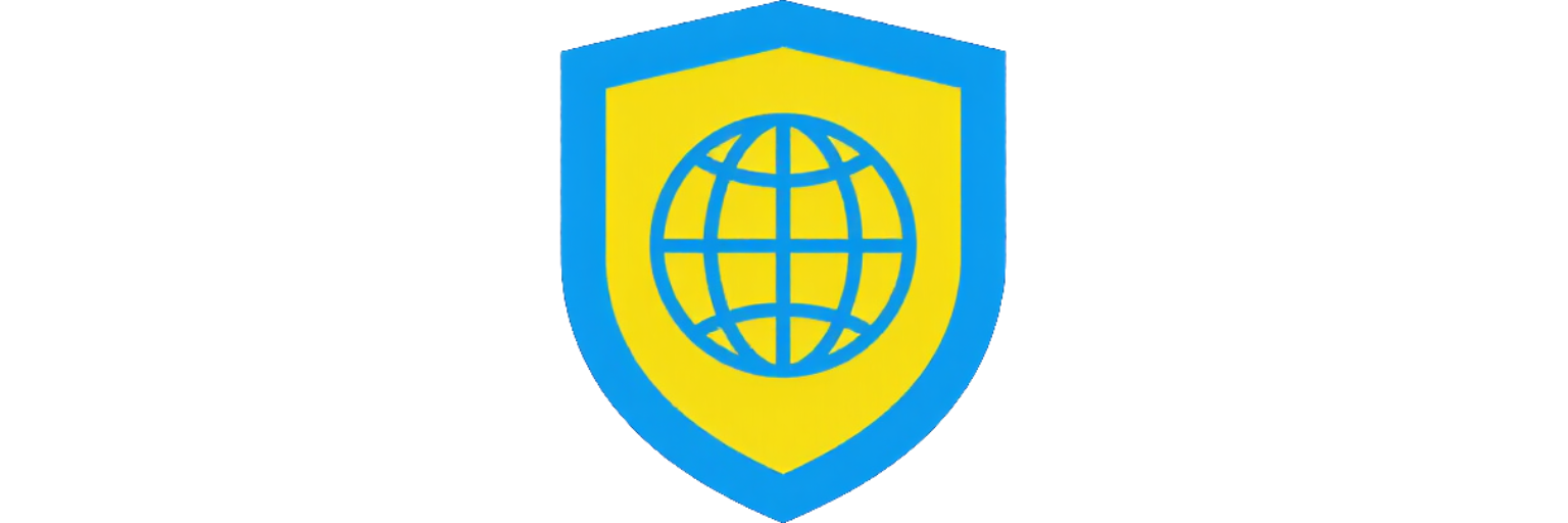 Un icono de escudo amarillo con borde azul que contiene el contorno de un globo terráqueo azul.