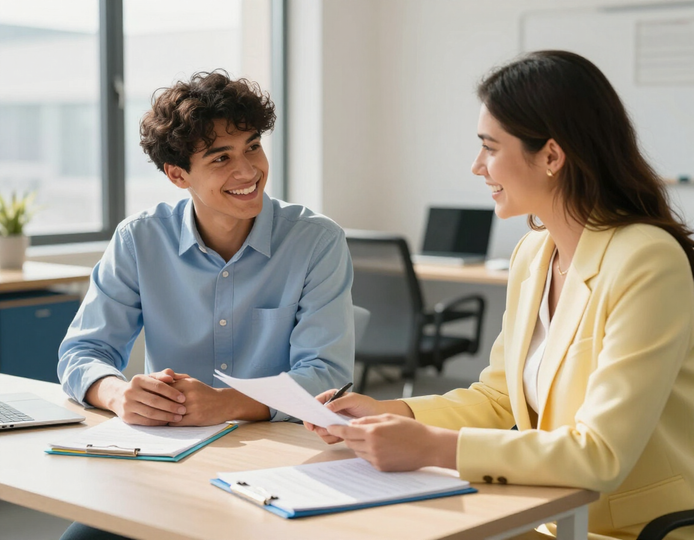 Una persona sonriente con camisa azul conversa sobre documentos con un colega que lleva un blazer