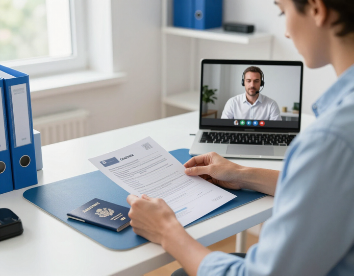 Una persona está sentada en un escritorio sosteniendo un documento mientras realiza una videollamada con alguien