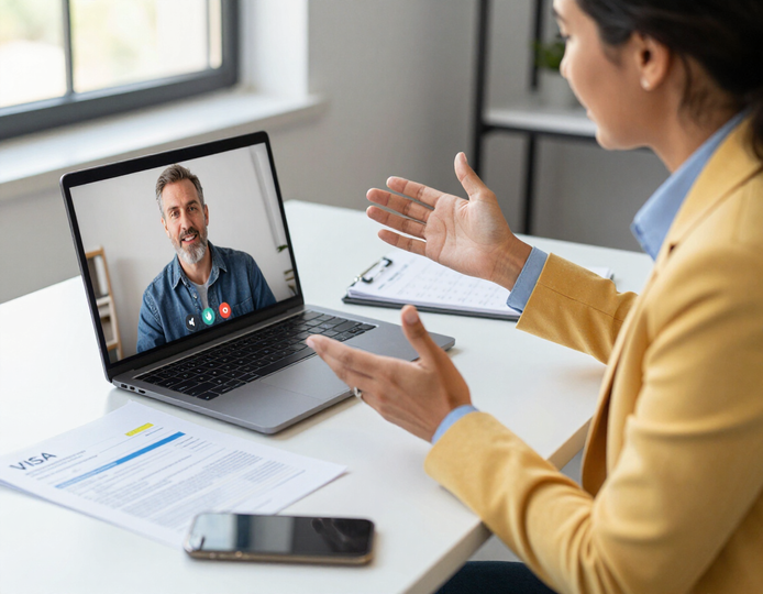 Un profesional con chaqueta amarilla está sentado en un escritorio durante una videollamada en su ordenador portátil,