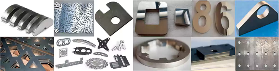 Piezas metálicas de diversas formas y tamaños, algunas con agujeros, dispuestas en filas y columnas.