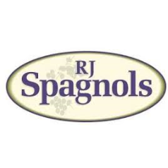 The logo for rj spagnols is a white oval with purple letters and grapes on it.