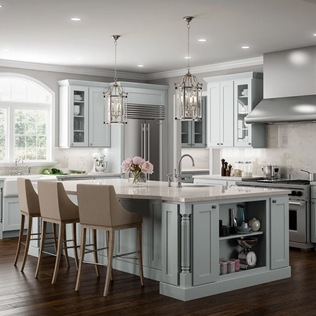 A kitchen with a large island and stools