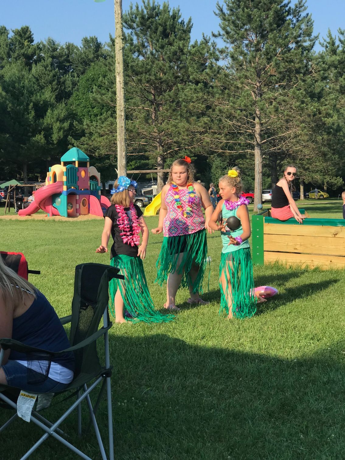 A group of children wearing hawaiian skirts are standing in a park.
