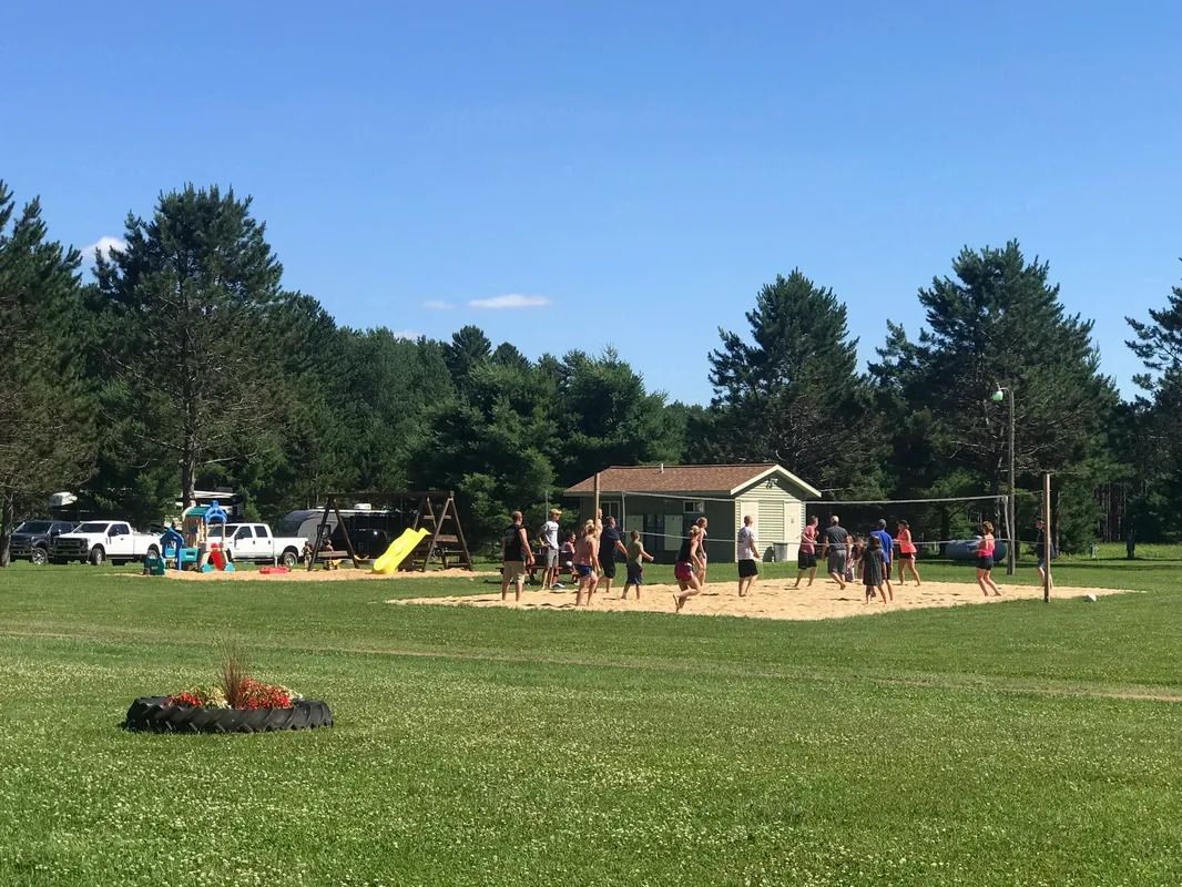 A group of people are playing volleyball in a park on a sunny day.