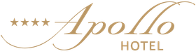 Logo hotela Apollo zlatým písmom so štyrmi hviezdičkami a zakrivenou čiarou na bielom pozadí