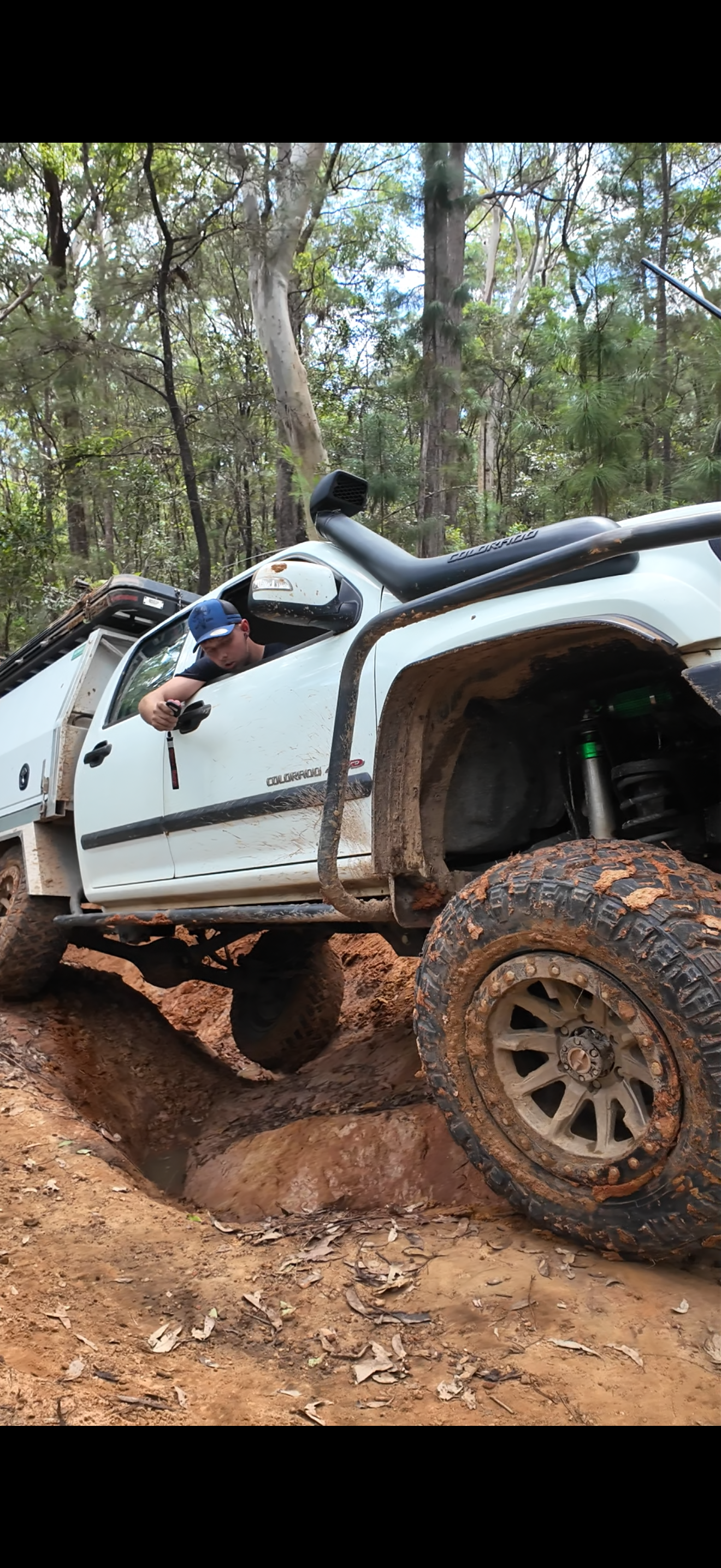 White off-road vehicle with large tires on a dirt path in a forest — Track N Back 4x4 In Mareeba, QLD
