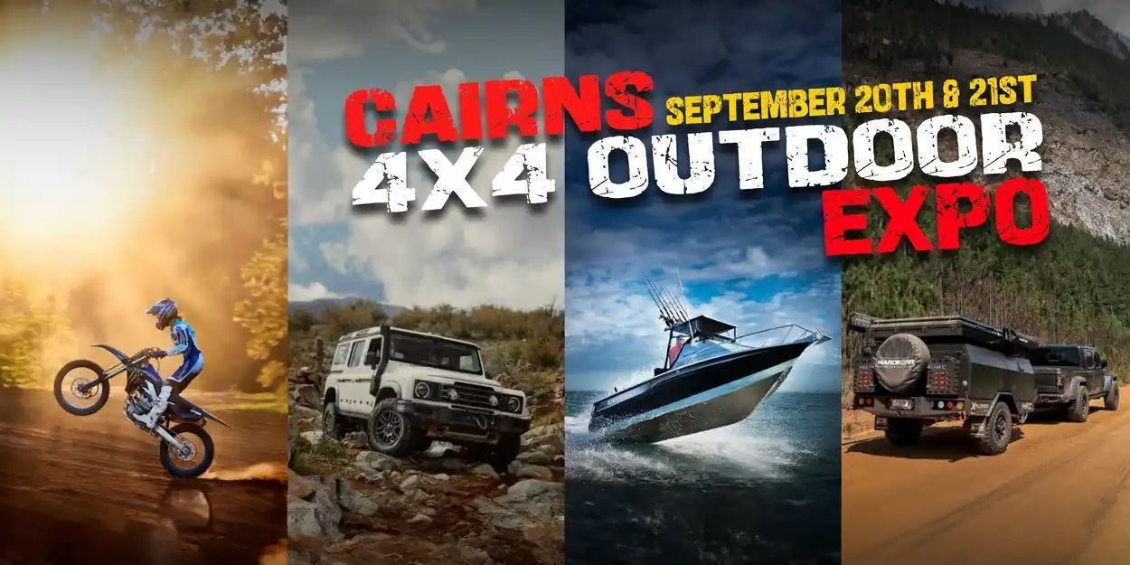 Cairns 4x4 Outdoor Expo Featuring a Motorcycle, 4x4 Vehicle, Boat, and Trailer — Track N Back 4x4 In Mareeba, QLD