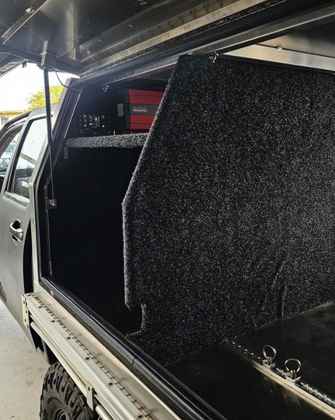 Black Truck Bed With a Custom Storage System, Including a Shelf — Track N Back 4x4 In Mareeba, QLD