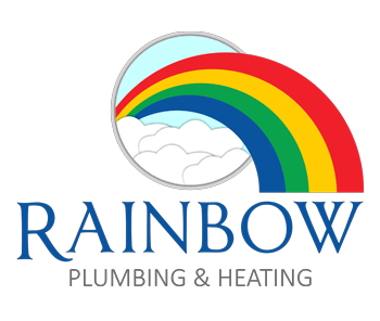 Logo: Rainbow arching over clouds in front of a blue sky, text "RAINBOW PLUMBING & HEATING".