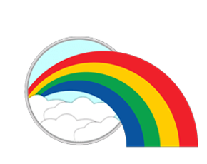 Rainbow arching from a circular window, blue sky, white clouds.