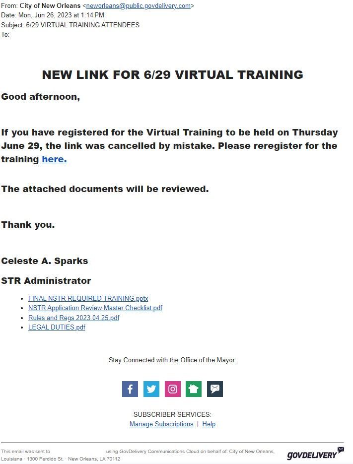 NOLA STR Administration Email on Monday, June 26, 2023, at 1:14 p.m. with new link for training.
