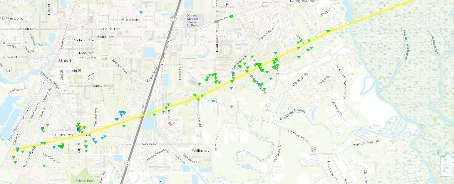 Track of the tornado that hit Slidell, Louisiana on April 10, 2024, courtesy of the National Weather Service, showing a beginning position in southwest Slidell by Front St, continuing in a northeast direction, crossing I-10, and continuing to cross Leeds Drive.