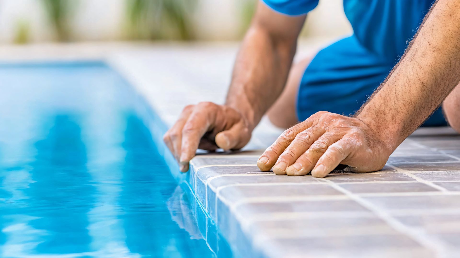 Contractor kneels to set border tiles during residential pool installation.
