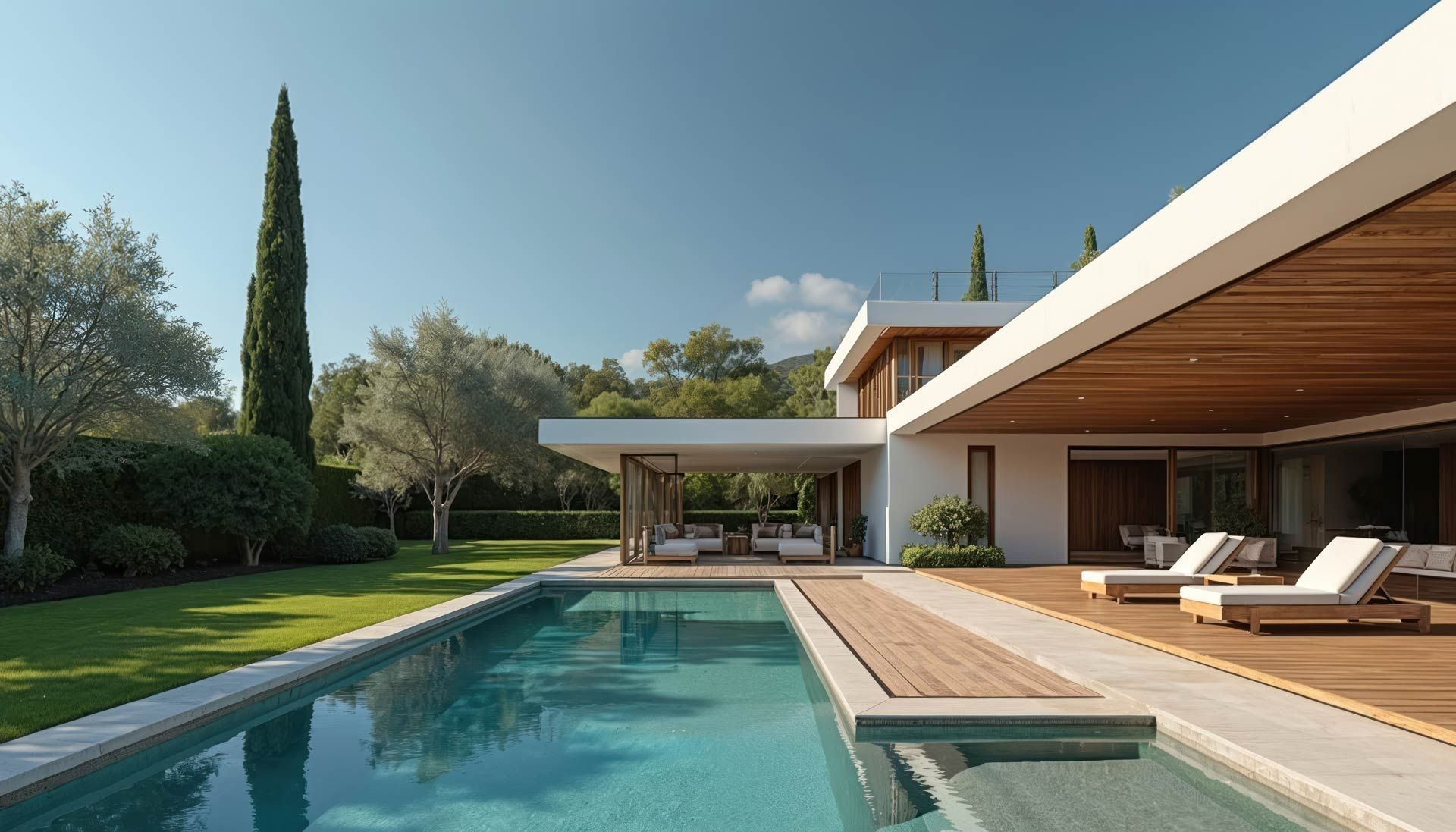 Luxury home exterior near swimming pool shows modern architecture.
