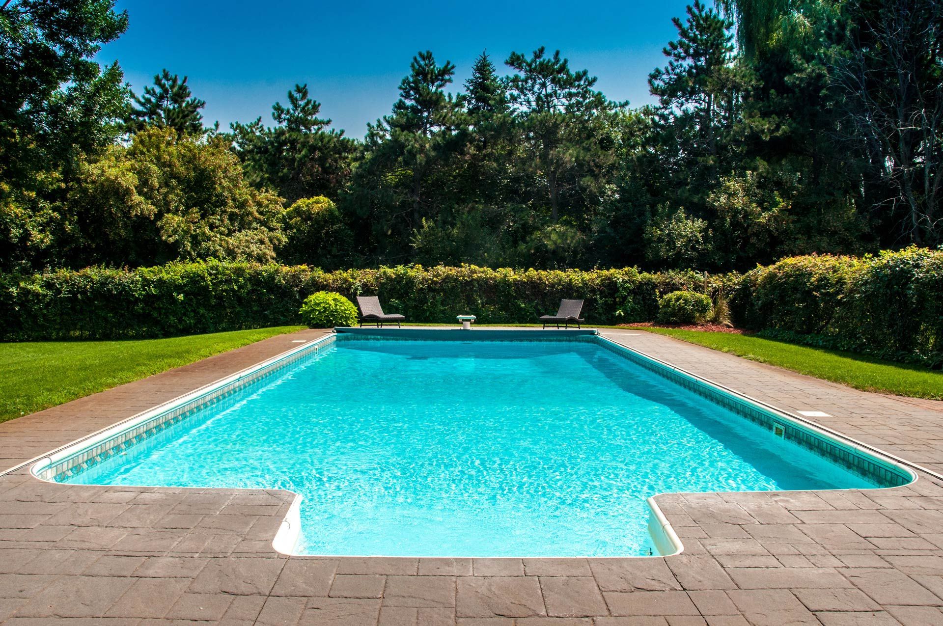 Outdoor swimming pool with clear blue water, stone patio, hedges, and trees.