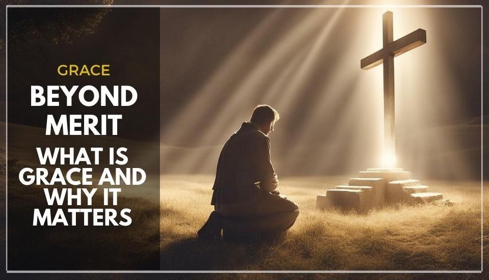 A man is kneeling in front of a cross in a field.