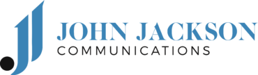 The john jackson communications logo is blue and white