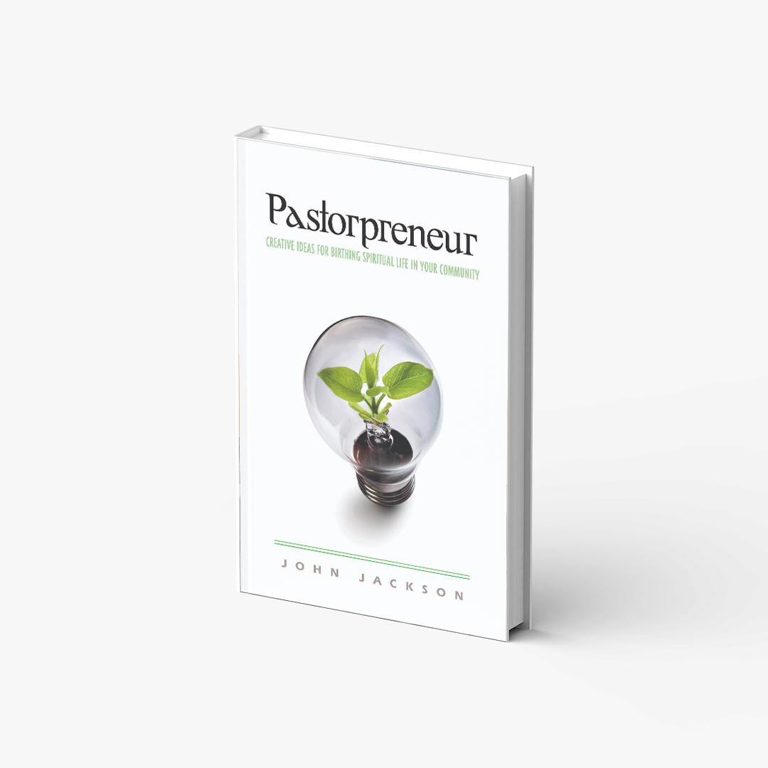 A book titled pastorpreneur with a plant growing out of a light bulb.