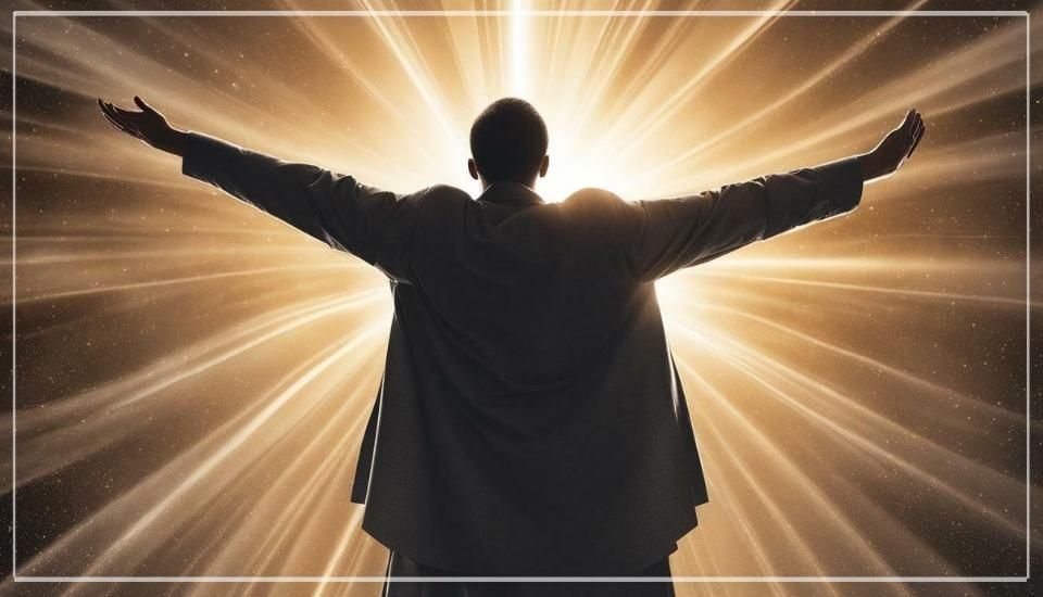 A man is standing in front of a bright light with his arms outstretched.