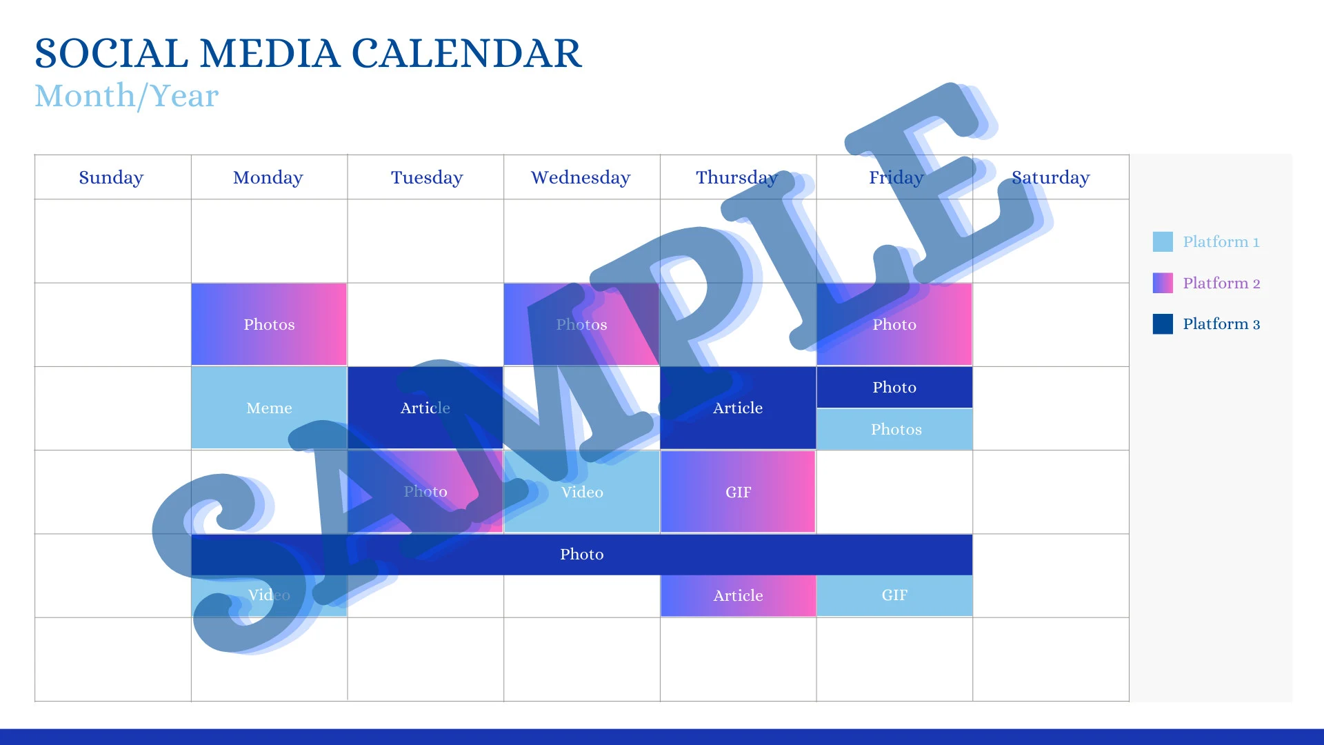 A sample of a social media calendar is shown.
