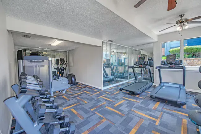Gym interior with weights, treadmills, and mirrored walls.
