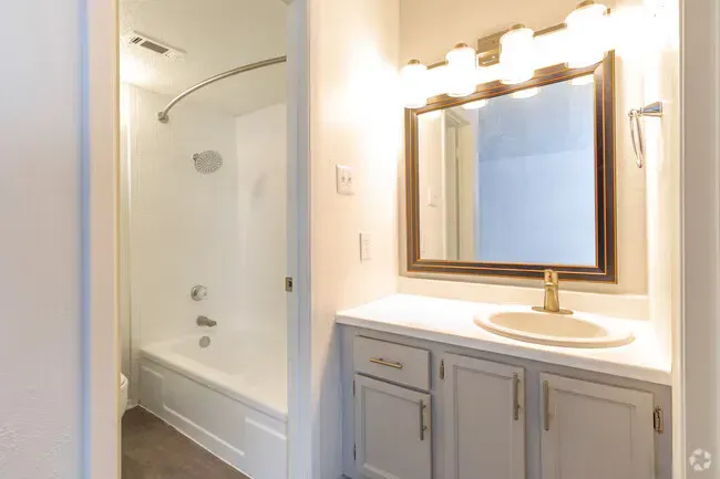 Bathroom with white tub and vanity, gray cabinets, gold fixtures, and framed mirror.